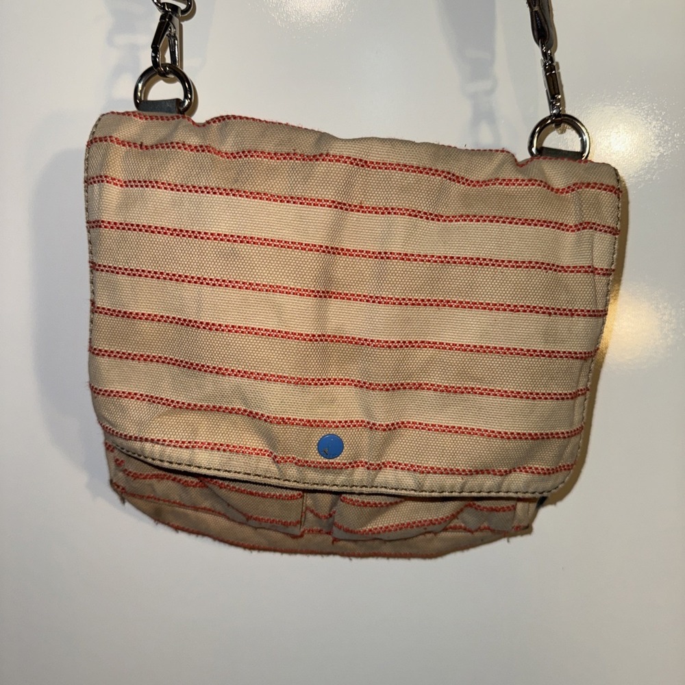 Fossil Tan Stripped Canvas & Blue Leather Trim & Accents GUC Preppy Y2K‎ 90s